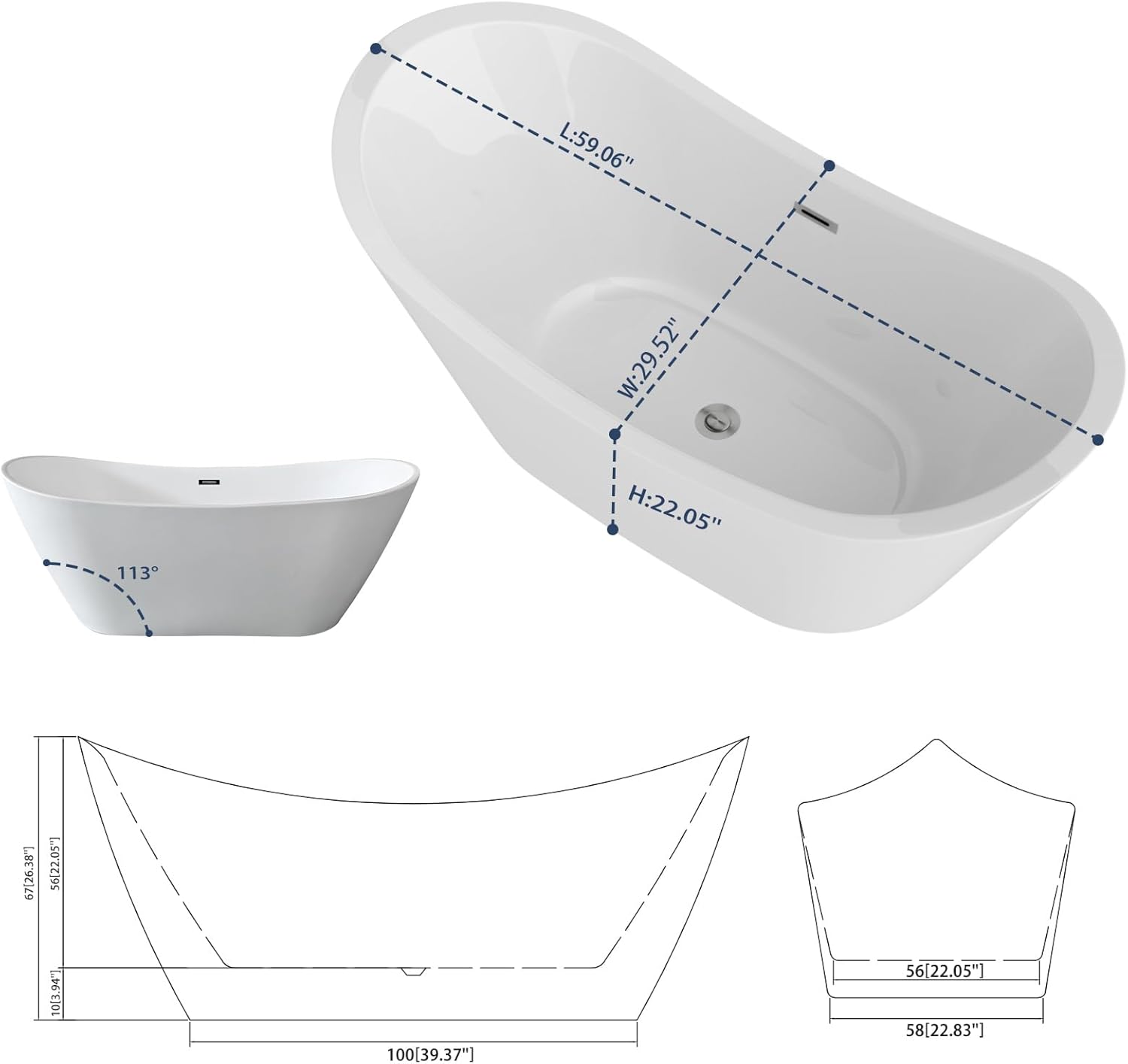 Lordear White Acrylic Dual-Back Freestanding Bathtub with Overflow and Drain