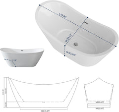 Lordear White Acrylic Dual-Back Freestanding Bathtub with Overflow and Drain