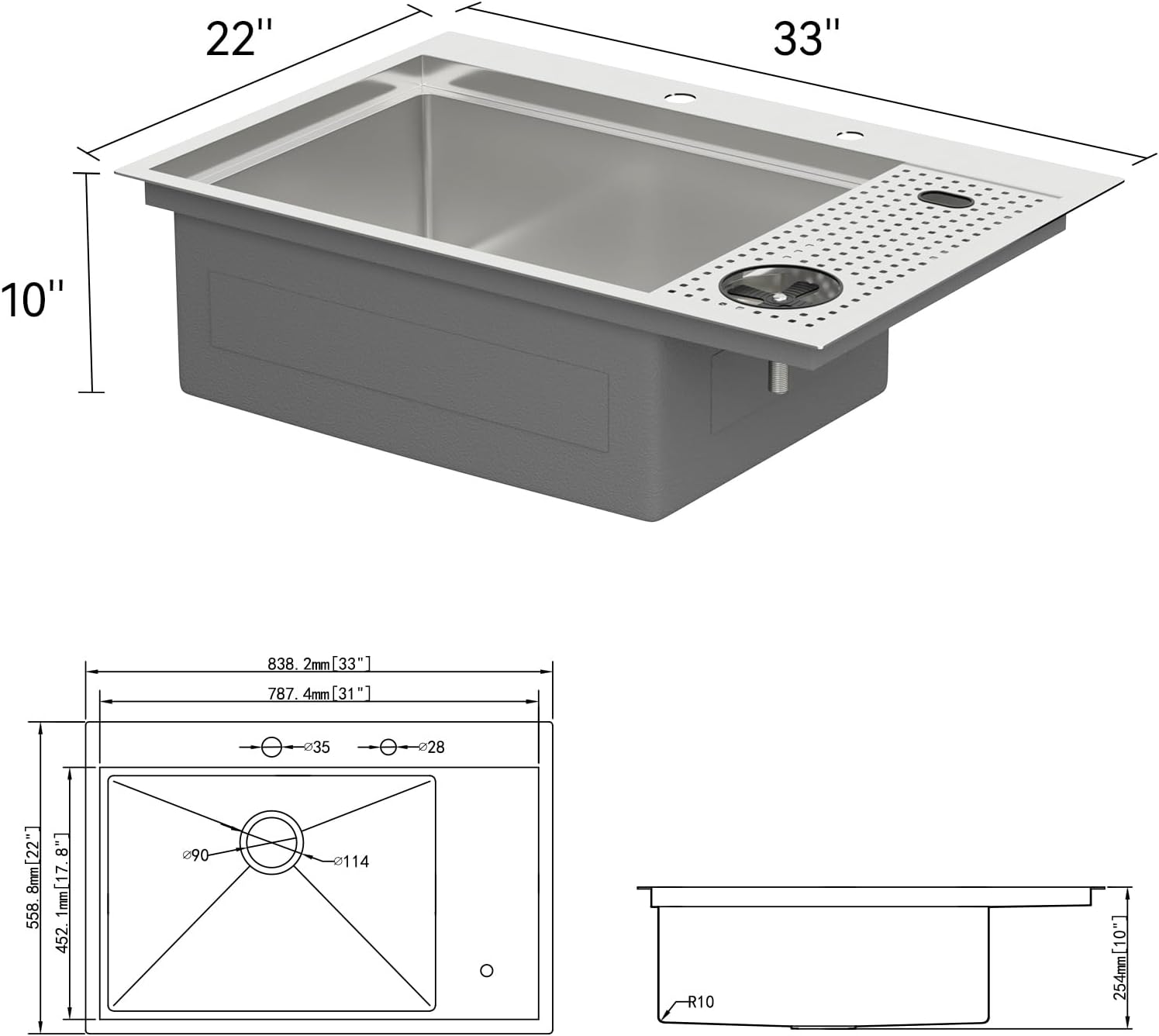 33" Drop In Kitchen Sink Workstation with Cup Washer-Lordear 33x22 Inch Drop In Kitchen Sink Stainless Steel Workstation Sinks 16 Gauge Single Bowl Kitchen Sink with Glass Rinser with Cutting Board  from Lordear