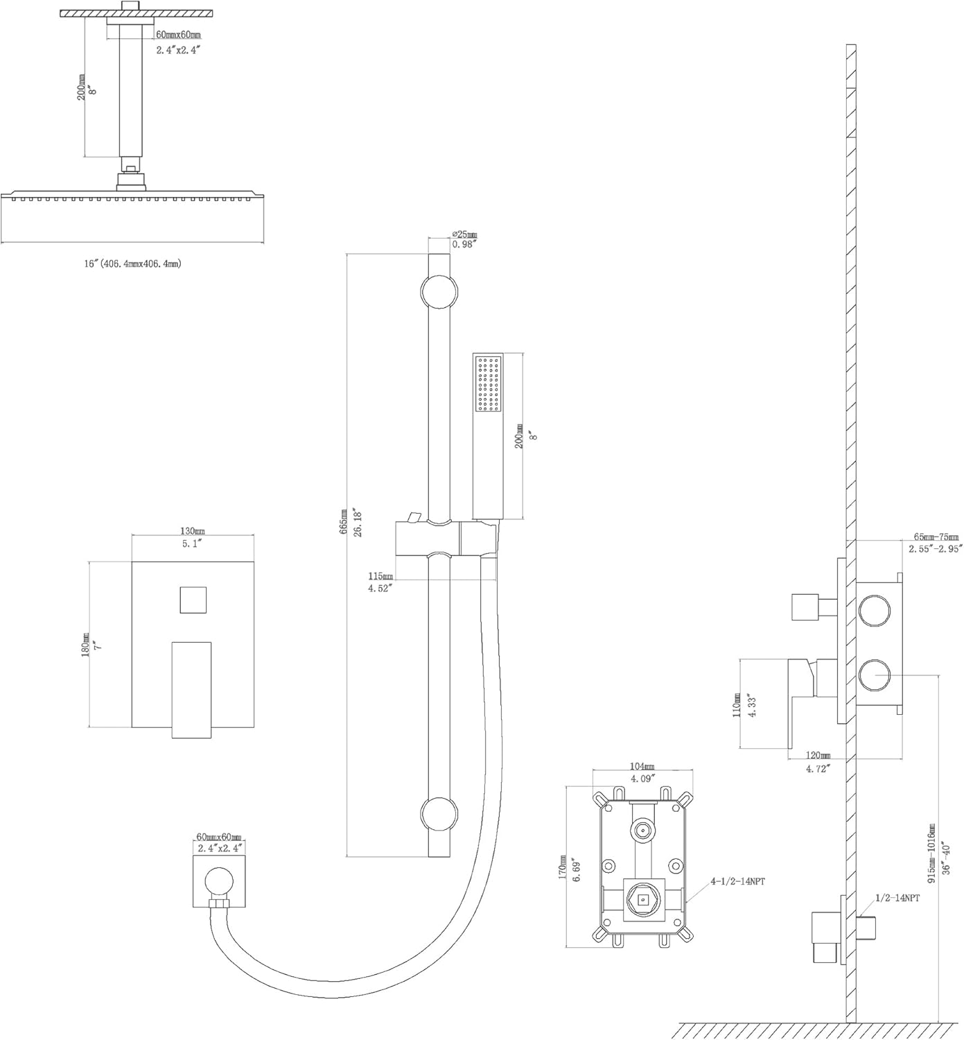 Lordear 16 Inch Shower System 16" Shower Faucet Set Ceiling Mounted Brushed Nickel Finish Stainless Steel Shower Head and Handheld, Sliding Bar and Brass Main Body Shower Valve  from Lordear