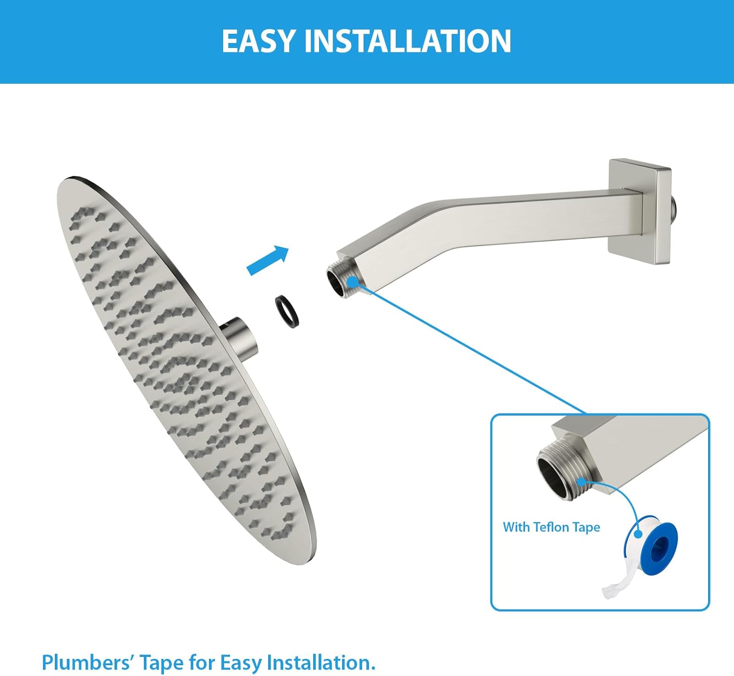 Lordear 6 Inch Brushed Nickel Shower Arm with Flange and Teflon Tape 304 Stainless Steel Wall Mounted Rain Shower Head Extension  from Lordear