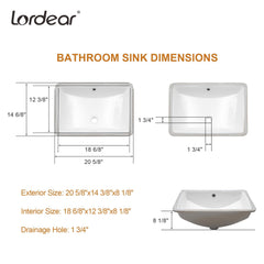 Lordear 20x14-Inch White Rectangular Ceramic Undermount Bathroom Sink