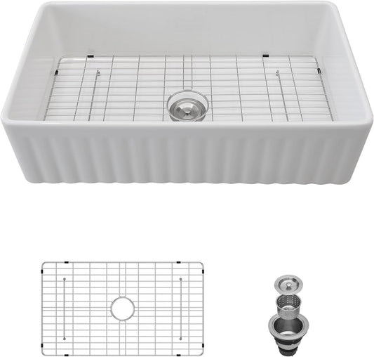 Lordear White Ceramic Apron Front Fireclay Farmhouse Sink