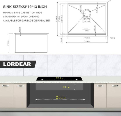 Lordear 23x19x13 Inch Laundry Room Sink Undermount Single Bowl Sink 16 Gauge Stainless Steel Sink with Cutting Board 13 Inch Deep  from Lordear