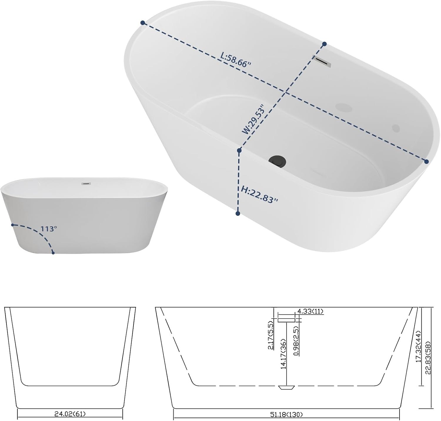 Lordear 59'' White Acrylic Oval Freestanding Bathtub with Overflow and Drain