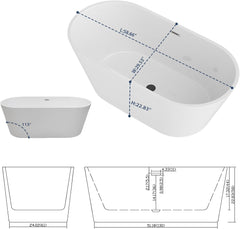 Lordear 59'' White Acrylic Oval Freestanding Bathtub with Overflow and Drain