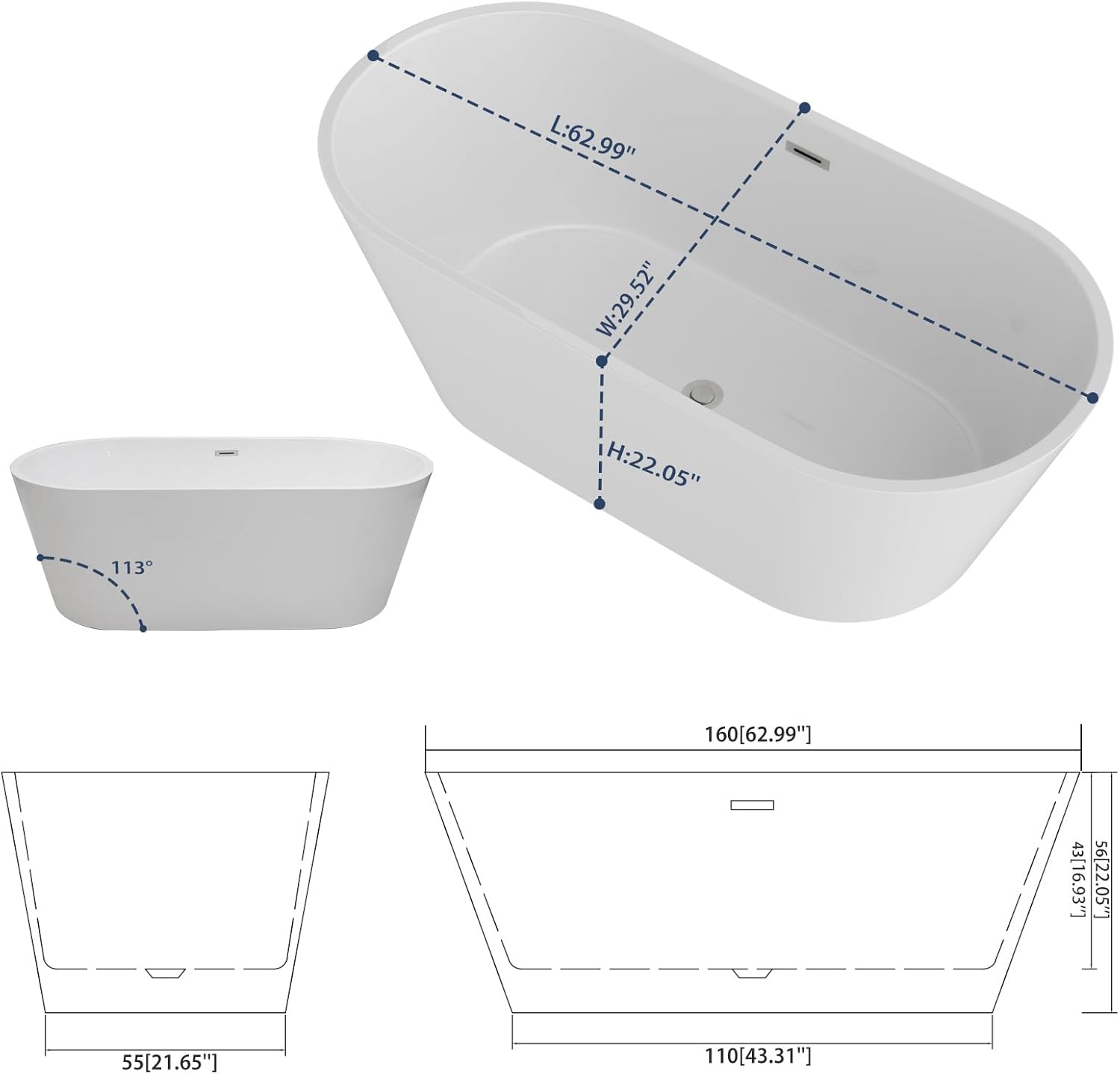 Lordear 63'' White Acrylic Oval Freestanding Bathtub with Overflow and Drain