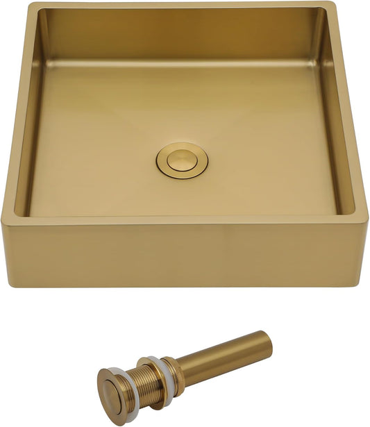 Lordear Stainless Steel Gold Vessel Sink Rectangular 15in x 15in Bathroom Vanity Sink Rectangular Above Couter Art Basin  from Lordear