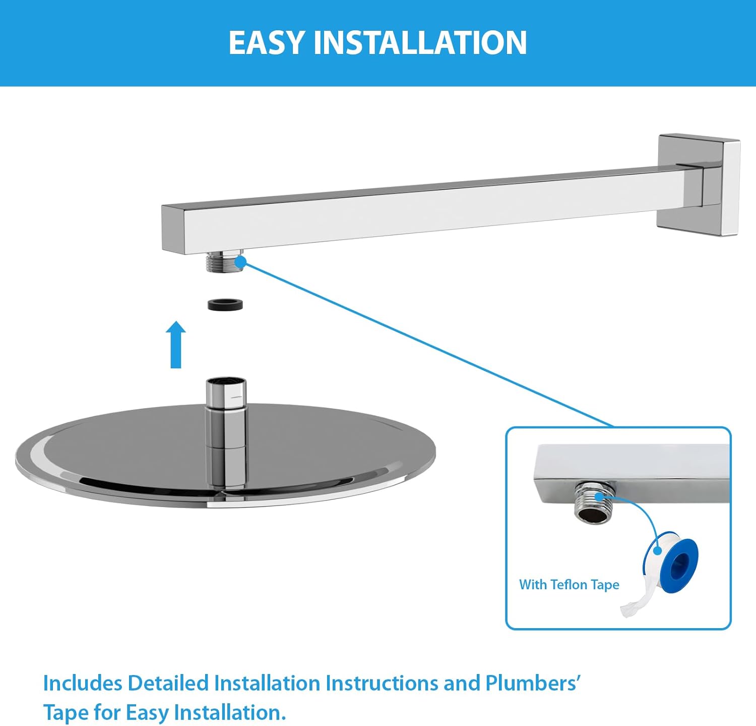 Lordear 16 Inch Shower Arm Brushed Nickel/Chrome Finish Rain Shower Head Extension with Flange and Teflon Tape 304 Stainless Steel Wall Mounted  from Lordear