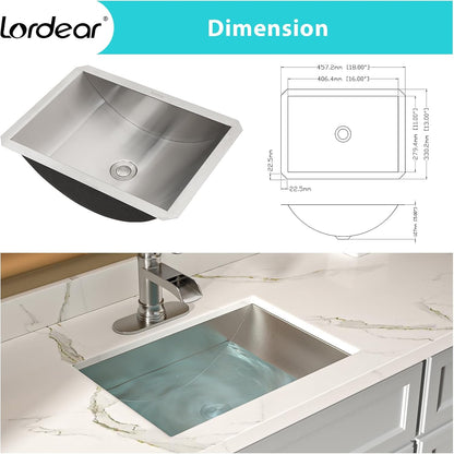 Lordear Bathroom Sink Stainless Steel 18in Undermount Vanity Bathroom Sinks Rectangle Stainless Steel Lavatory Sink Basin with Drain  from Lordear