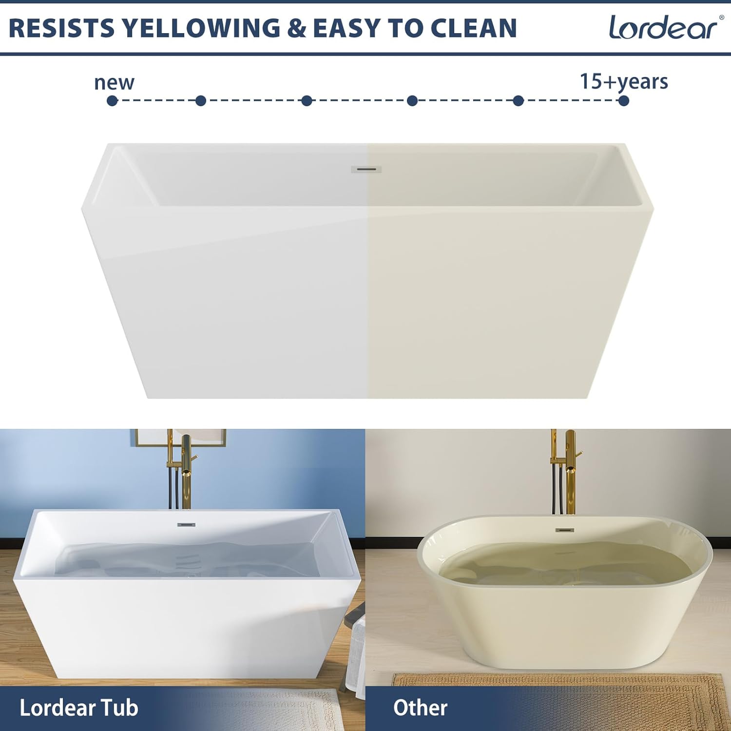 Lordear 67'' White Acrylic Rectangular Freestanding Bathtub with Overflow and Drain