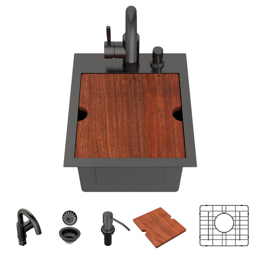 Lordear 13x15 Inch Matte Black Drop-In Workstation Bar Sink
