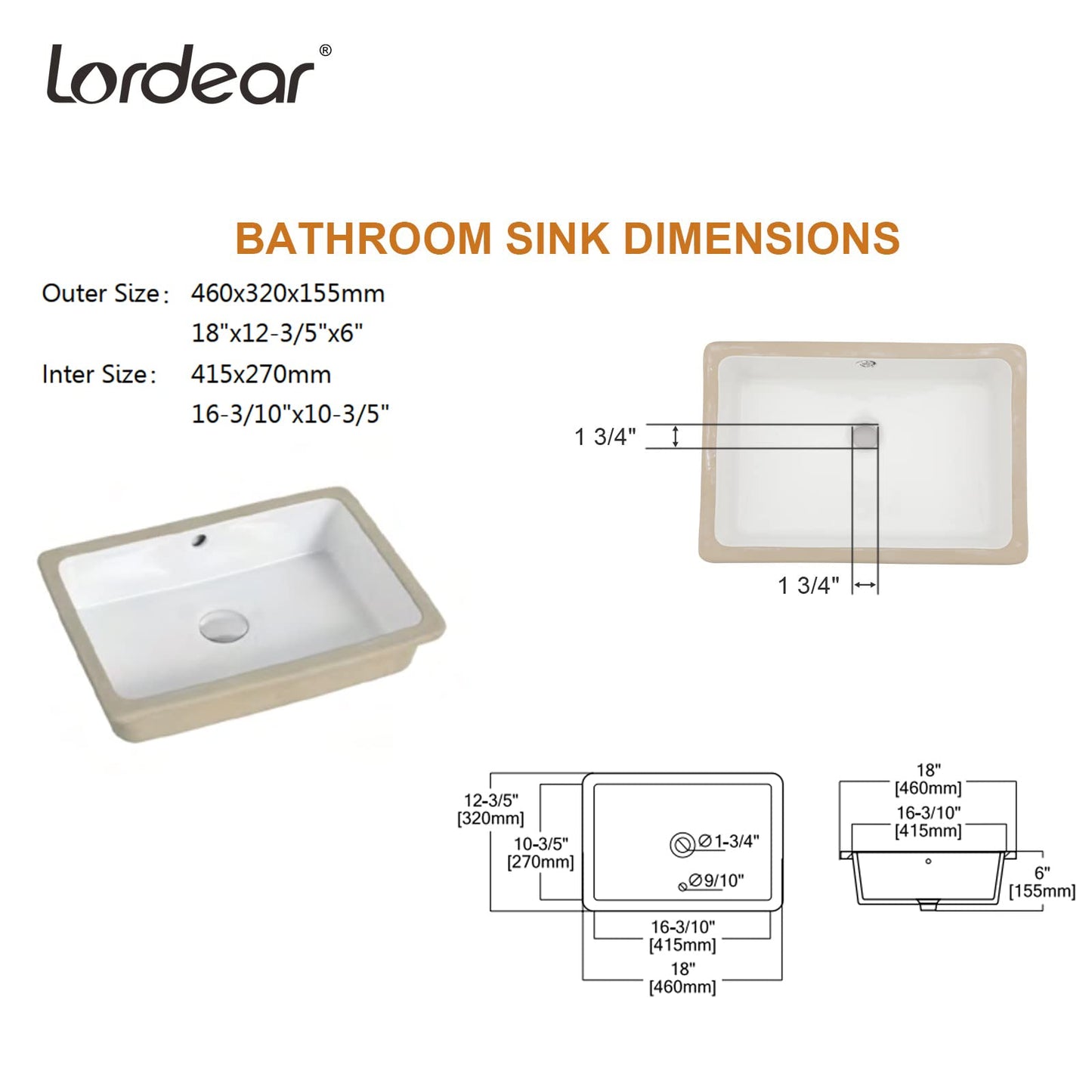 Lordear 18x12.5 Inch Bathroom Vanity Sink Undermount Rectangle White Porcelain Ceramic Bathroom Under Counter Lavatory Vanity Sink Basin with Overflow  from Lordear