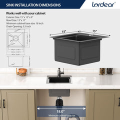 Lordear 15x15 Inch Black Drop-In Workstation Bar Sink
