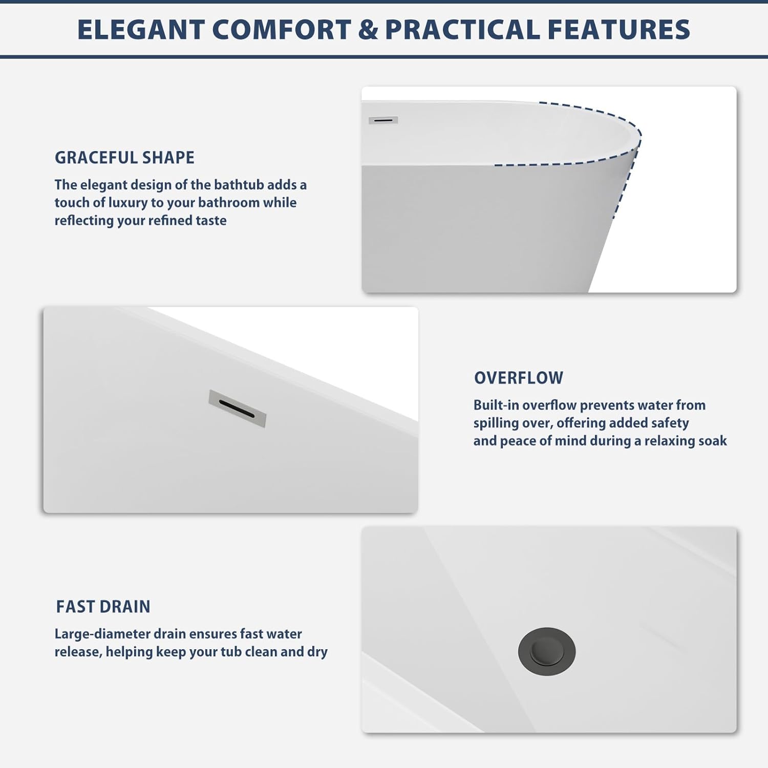 Lordear 67'' White Acrylic Oval Freestanding Bathtub with Overflow and Drain
