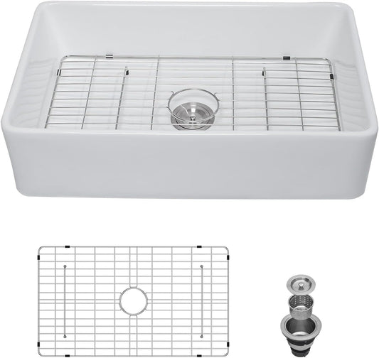 Lordear  Ceramic Apron Front Single Bowl Fireclay Farmhouse Sink 1500