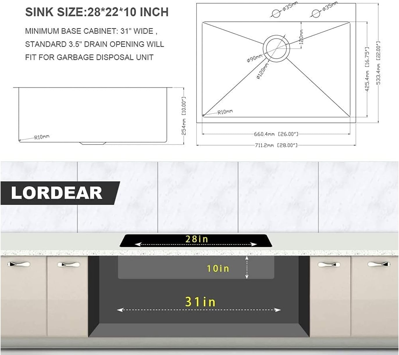 Lordear 25/28/33 Inch Drop In Kitchen Sink 16 Gauge Stainless Steel  Kitchen Sink Topmount Single Bowl Sink with Rack,Drain Assembly and Grid  from Lordear