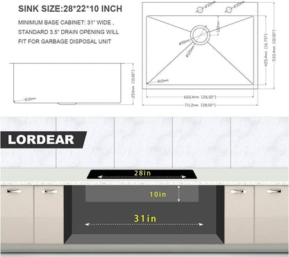 Lordear 25/28/33 Inch Drop In Kitchen Sink 16 Gauge Stainless Steel  Kitchen Sink Topmount Single Bowl Sink with Rack,Drain Assembly and Grid  from Lordear