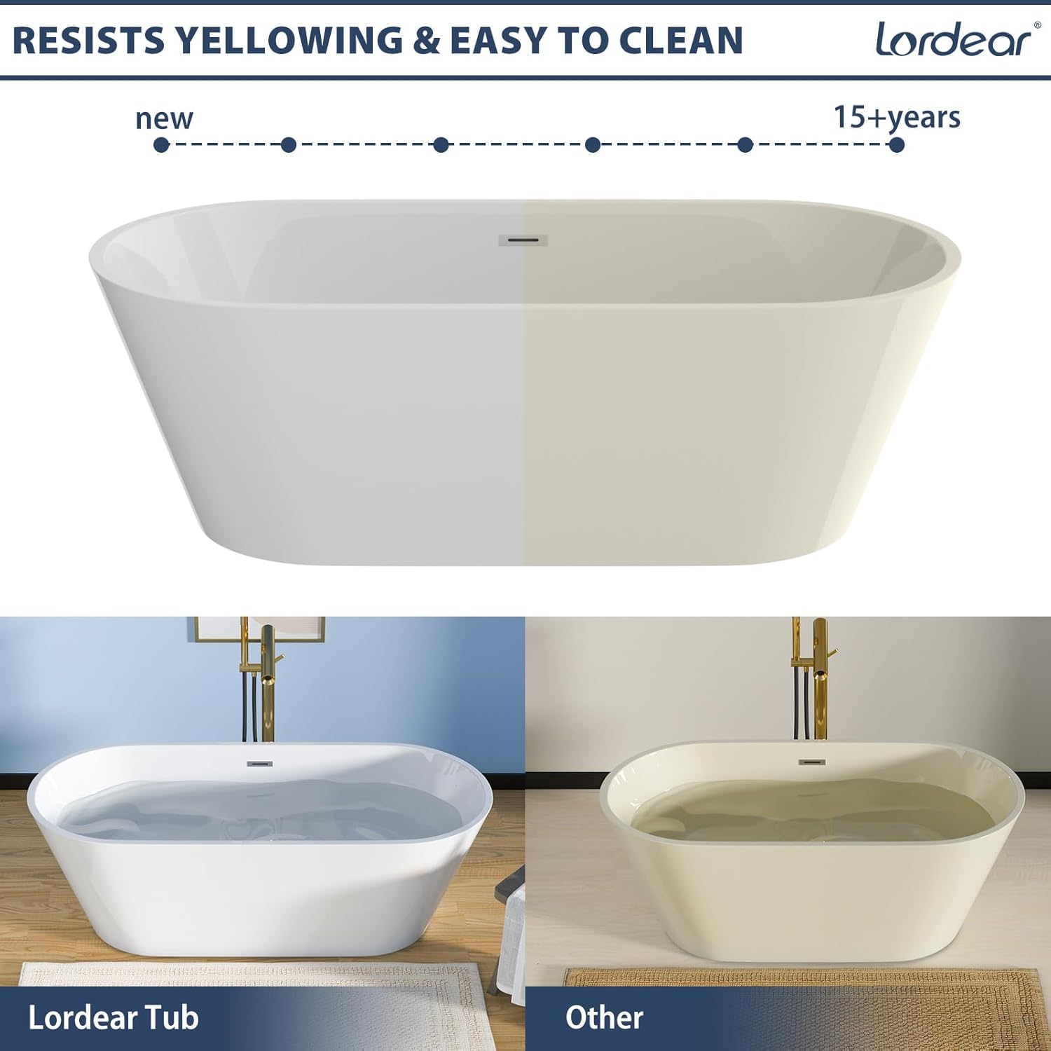 Lordear 67'' White Acrylic Oval Freestanding Bathtub with Overflow and Drain