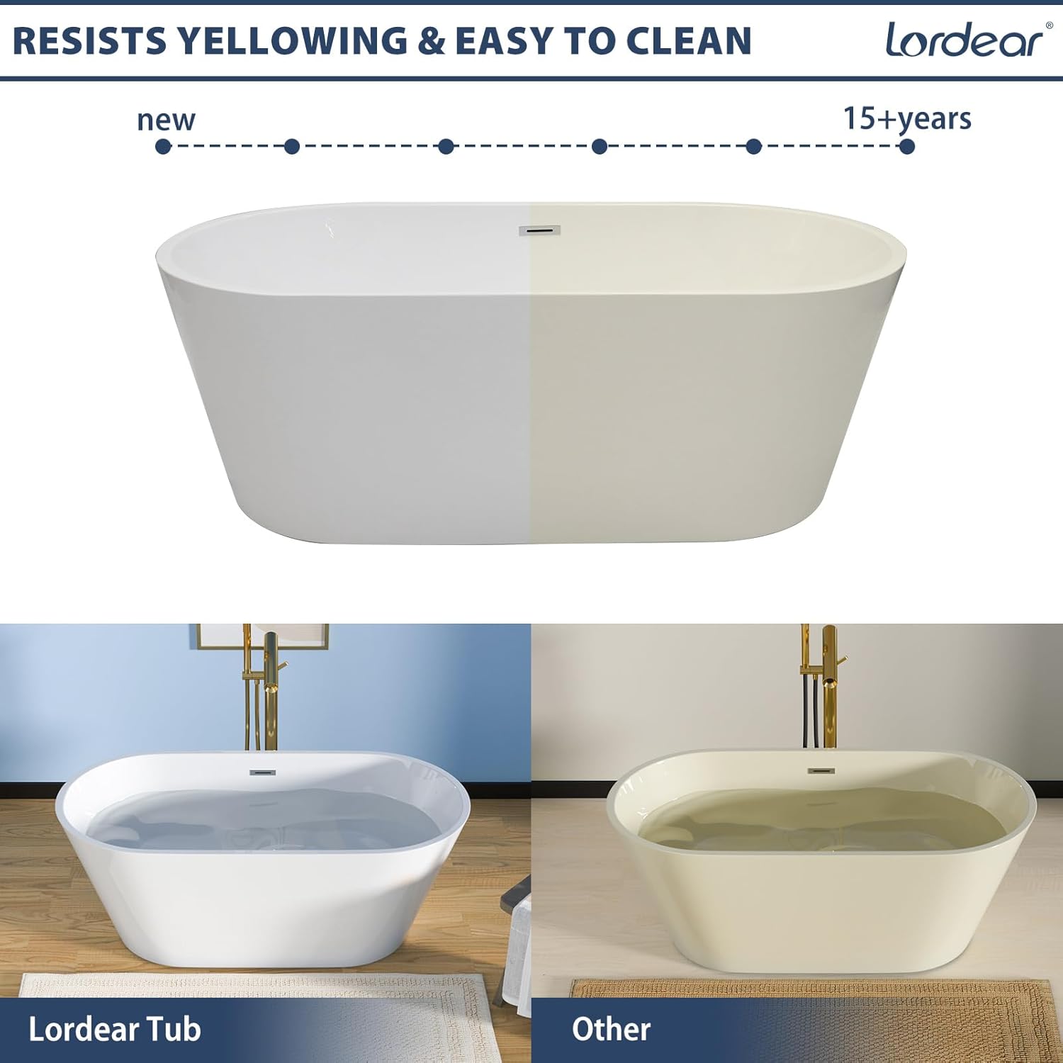 Lordear 63'' White Acrylic Oval Freestanding Bathtub with Overflow and Drain