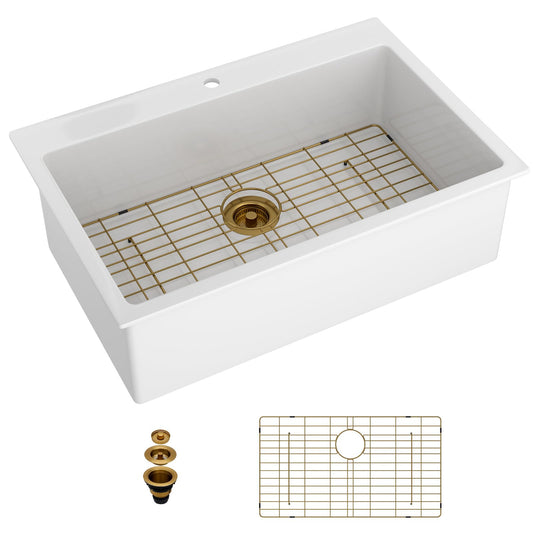 Lordear 33" White Drop In Kitchen Sink Fireclay