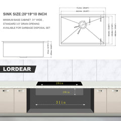 Lordear 28'' Undermount Kitchen Sink Single Bowl With Accessories
