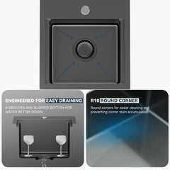 Lordear 15x15 Inch Black Drop-In Workstation Bar Sink