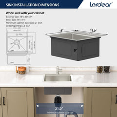 Lordear 18x18 Inch Drop-In Workstation Bar Sink