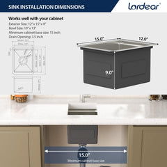 Lordear 12x15 Inch Undermount Bar Sink