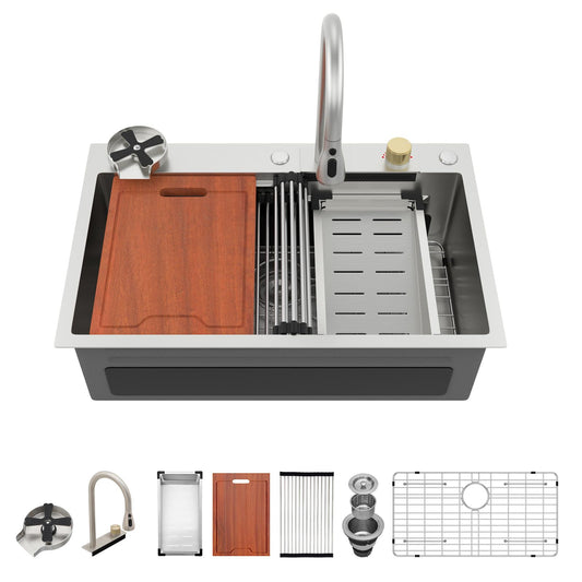 Lordear 30 Inch Drop-In Waterfall Workstation Kitchen Sink