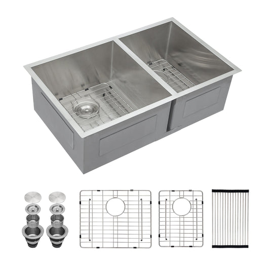 33 inch Undermount Kitchen Sink 60/40 Double Bowl Sink 18 Gauge Stainless Steel Sink with Strainer,Drying Rack and Rish Grid  from Lordear