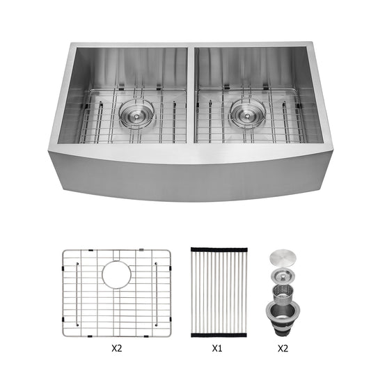 Lordear Farmhouse Double Bowl Sink - 36 Inch Stainless Steel Double Sink 18 Gauge 50/50 Double Bowl Kitchen Sink 36x20x9 Inches Apron Front Sink  from Lordear