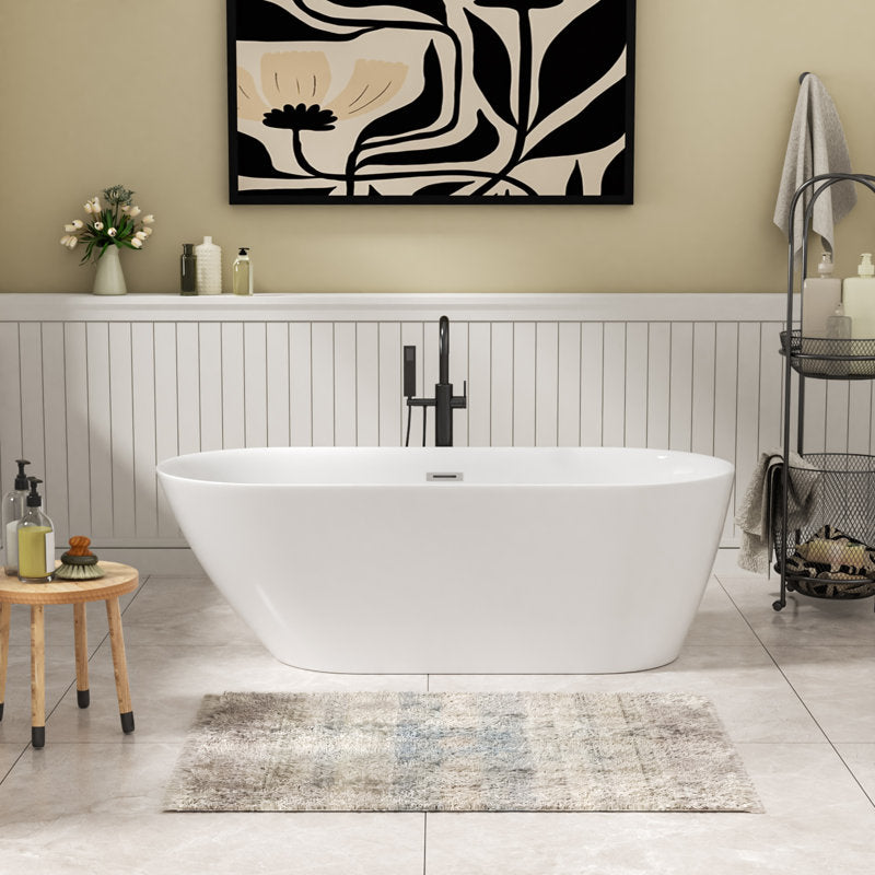 Lordear 66'' White Acrylic Freestanding Soaking Tub with Overflow and Drain