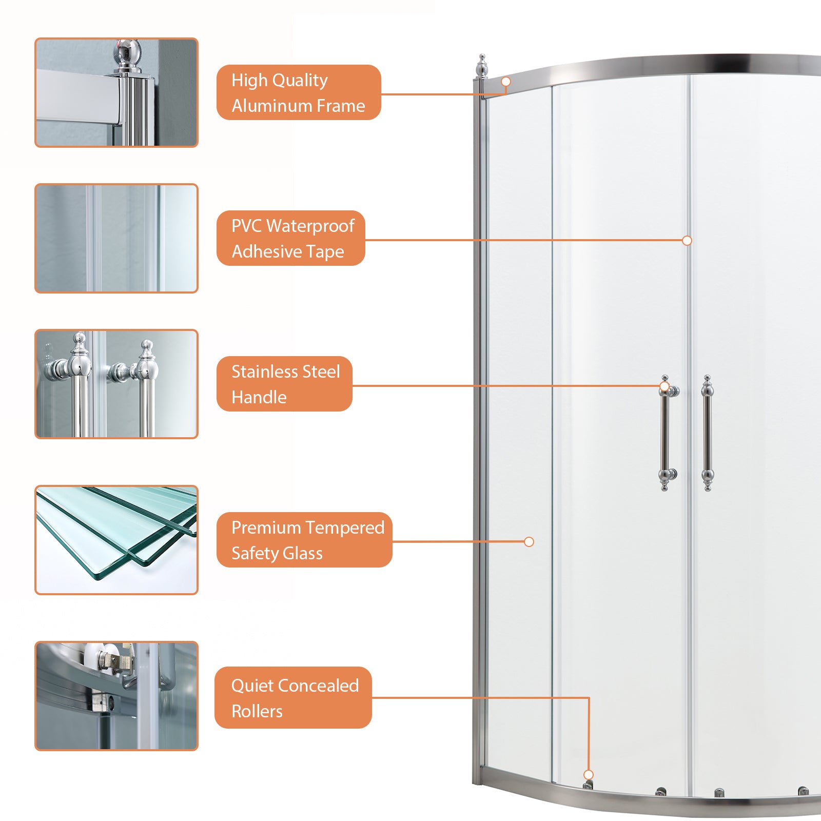 Lordear Tempered Glass Frameless Neo-Round Double Sliding Clear Bathroom Shower Door