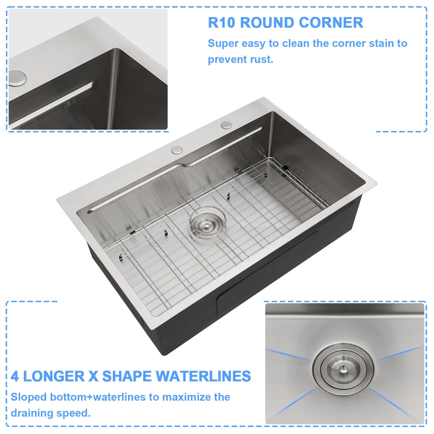 Lordear 33 x19 Inch Drop In Worksation Kitchen Sink Single Bowl Stainless Steel Sink Topmount Z-Shape Single-Tier Track Design Workstation Sink with Cutting Board and Colander  from Lordear