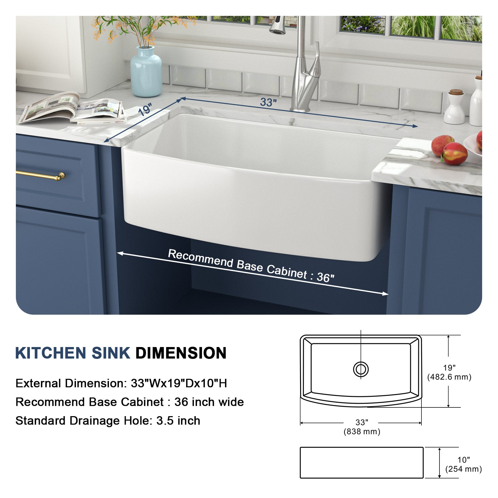 Lordear 33'' White Ceramic Curved Apron Fireclay Farmhouse Sink