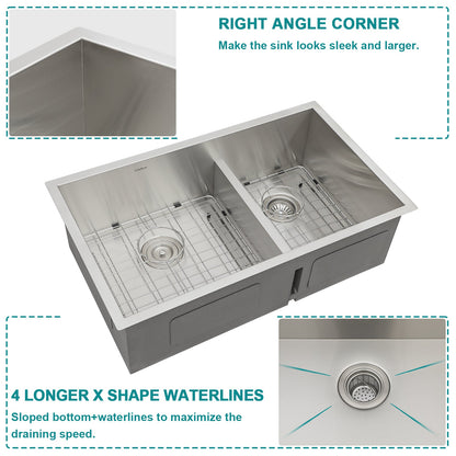 Lordear 30 Inch Undermount Kitchen Sink  Low Divide Double Bowl 60/40 Kitchen Sink 16 Gauge Stainless Steel Kitchen Sink  from Lordear