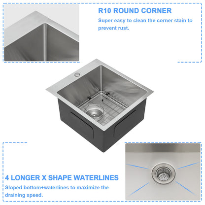 Lordear 15x15 Inch Drop In Bar Sink 16 Gauge Stainless Steel Bar Sink Topmount Kitchen Sink Deep RV Wet Bar Prep Sink  from Lordear