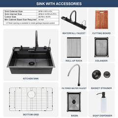 Lordear  33 Inch Undermount Single Bowl Waterfall Stainless Steel Workstation Kitchen Sink With Faucet