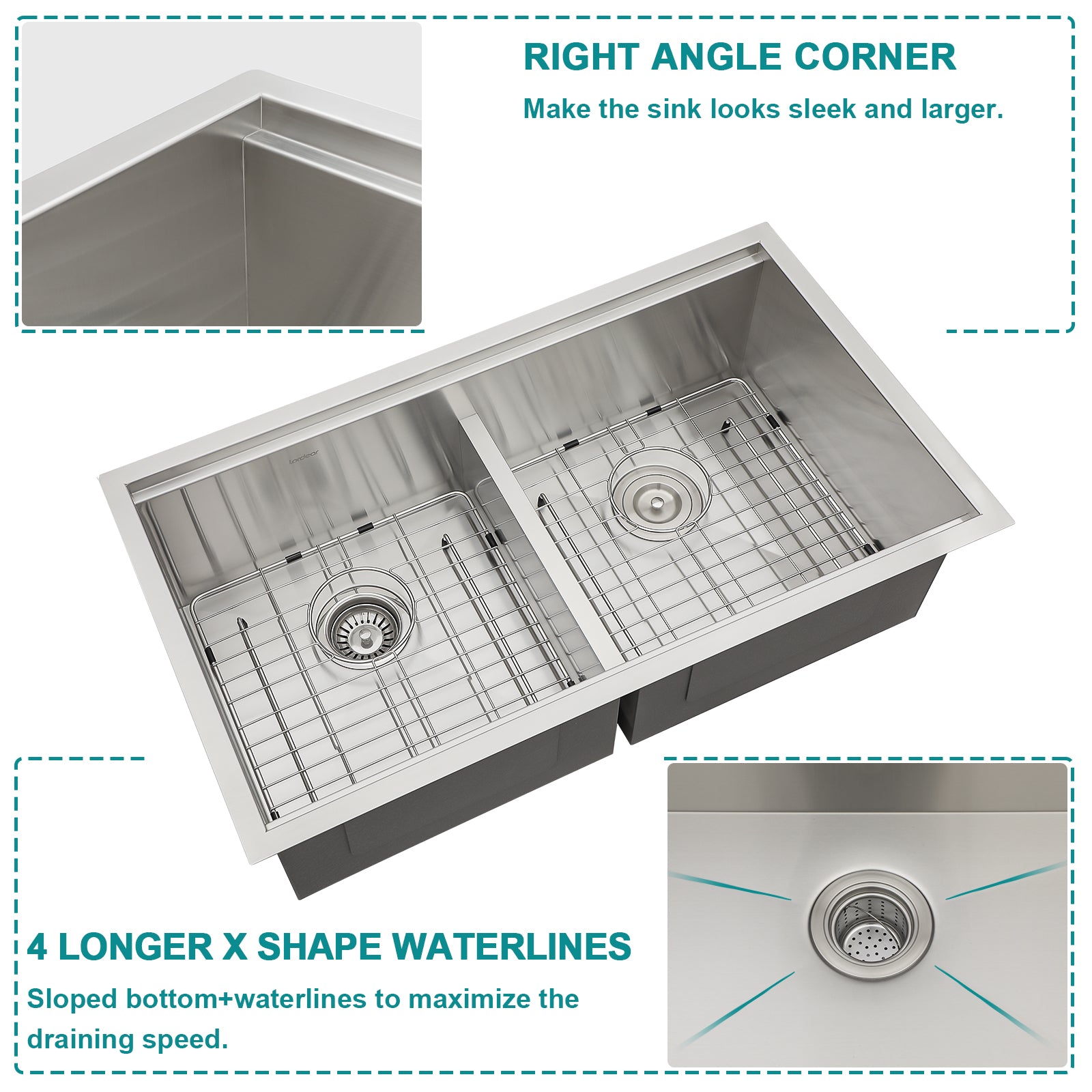 Lordear 33 Inch Undermount Kitchen Sink Double Bowl 50/50 Sink Low Divided Sink 16 Gauge Stainless Steel Kitchen Sink  from Lordear