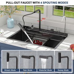 Lordear Drop-in Single Bowl Waterfall Stainless Steel Workstation Kitchen Sink with Digital Display in Honeycomb Finish