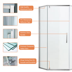 Lordear 72'' Tempered Glass Frameless Corner Frame Shower Door