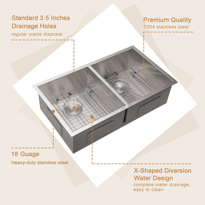 33 Inch Undermount Double Sink - Lordear Stainless Steel Double Kitchen Sink 18 Guage Double Bowl 50/50 Kitchen Sink 33x19x9 Inch Double Sinks | Kitchen Undermount Sink | Lordear