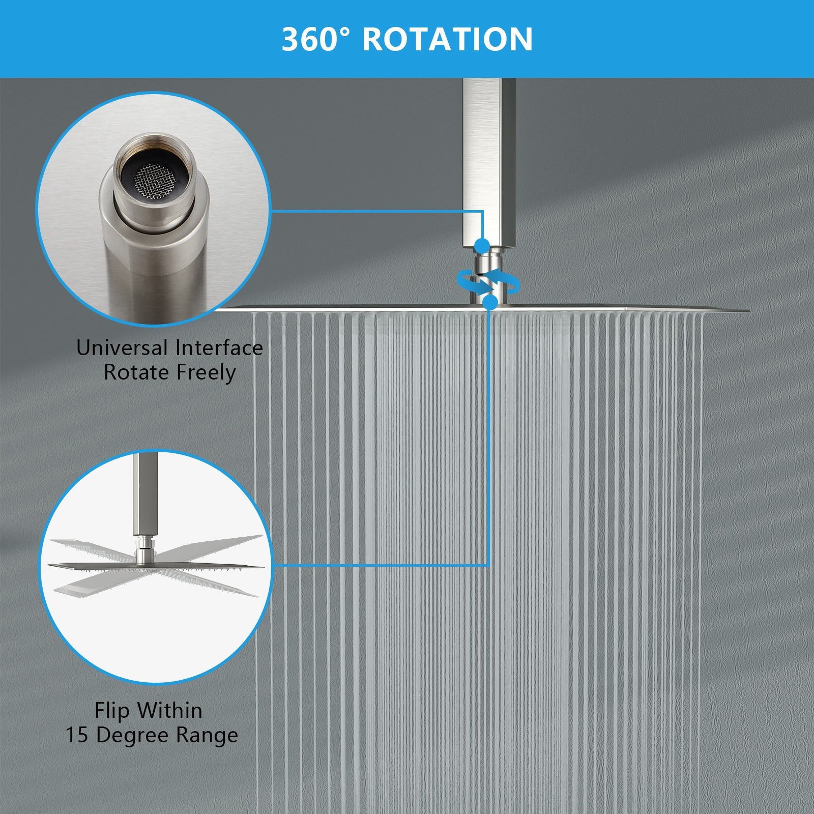 Lordear Rainfall Shower Head 12 Inch Solid Square Ultra Thin 304 Stainless Steel Rain Setting Shower Heads,Waterfall Full Body Coverage  from Lordear