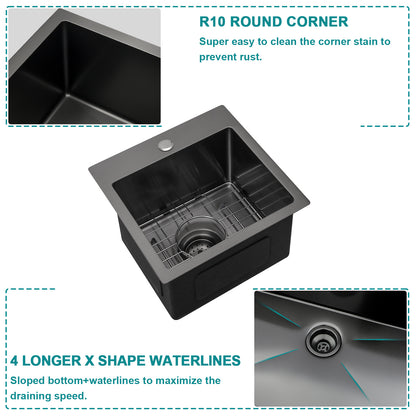 Lordear Drop Bar Sink 15”x15” Kitchen Sink Gunmetal Black Drop In Topmount Sink 16 Gauge Stainless Steel Kitchen Sink Deep Single Bowl Bar Prep Rv Kitchen Sink  from Lordear