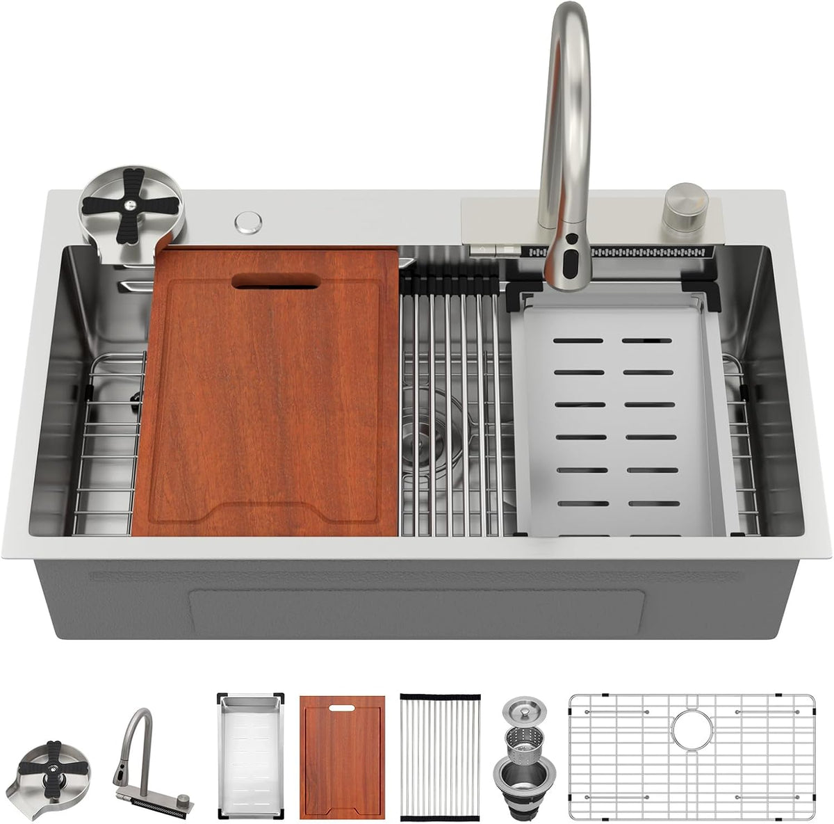 Lordear 33" x 19" Stainless Steel Drop-in Single Bowl Waterfall Workstation Kitchen Sink - Push Button Upgrade