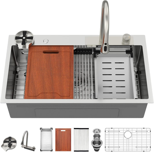 Lordear 33" x 19" Stainless Steel Drop-in Single Bowl Waterfall Workstation Kitchen Sink - Push Button Upgrade