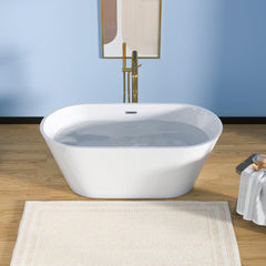 Lordear 63'' White Acrylic Oval Freestanding Bathtub with Overflow and Drain