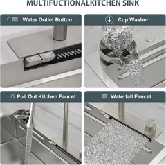 Lordear 33" x 19" Stainless Steel Drop-in Single Bowl Waterfall Workstation Kitchen Sink - Push Button Upgrade