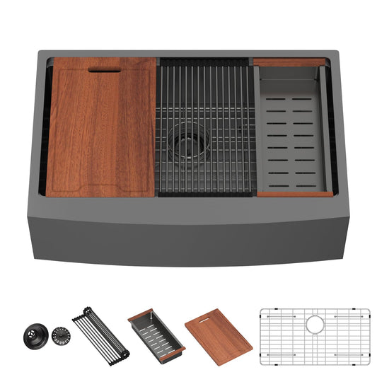 Lordear Black Workstation Stainless Steel Farmhouse Sink